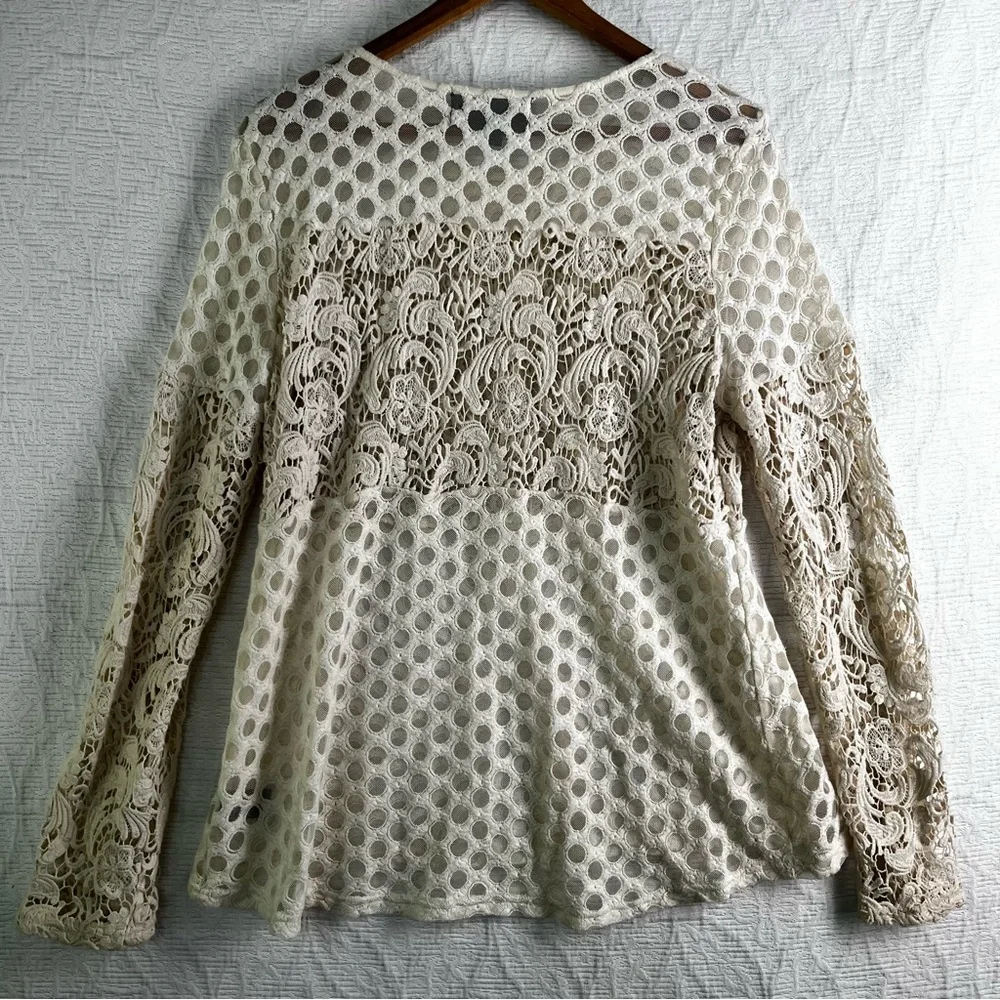 Sunday in Brooklyn Tunic Top Womens Large Crochet Cotton Sheer Lace Cream Shirt